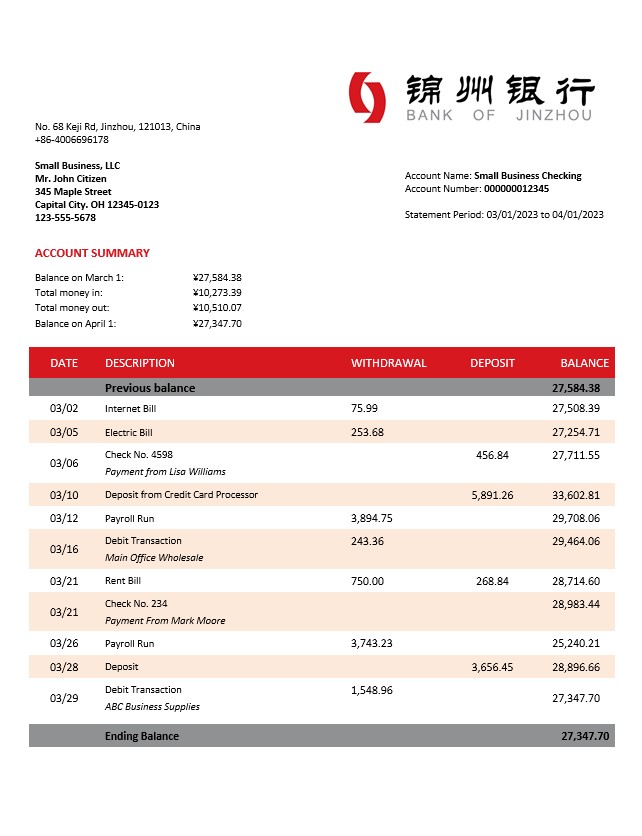 Modèle Word et PDF de relevé de compte de l'organisation de la Banque de Jinzhou